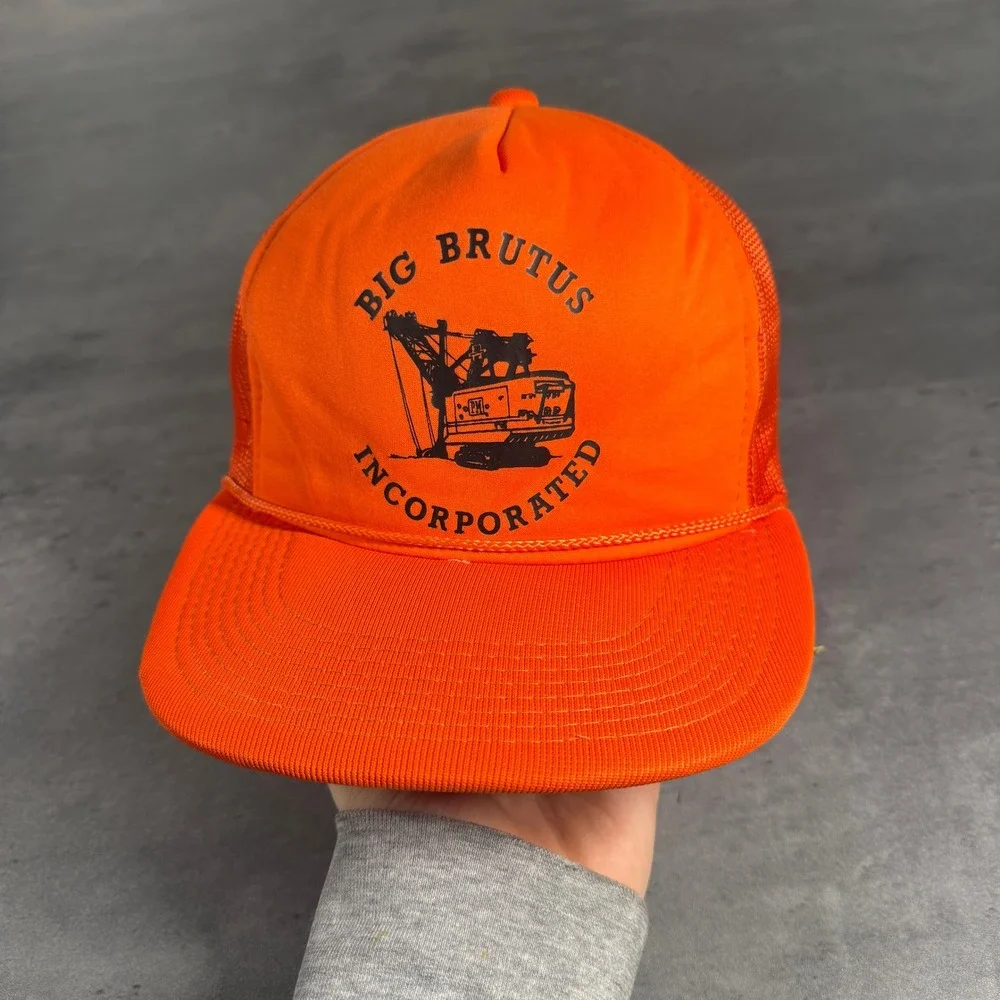 Vintage‎ 80s Hanes Big Brutus Incorporated Trucker Hat Orange Mesh Snapback Cap - Picture 2 of 7